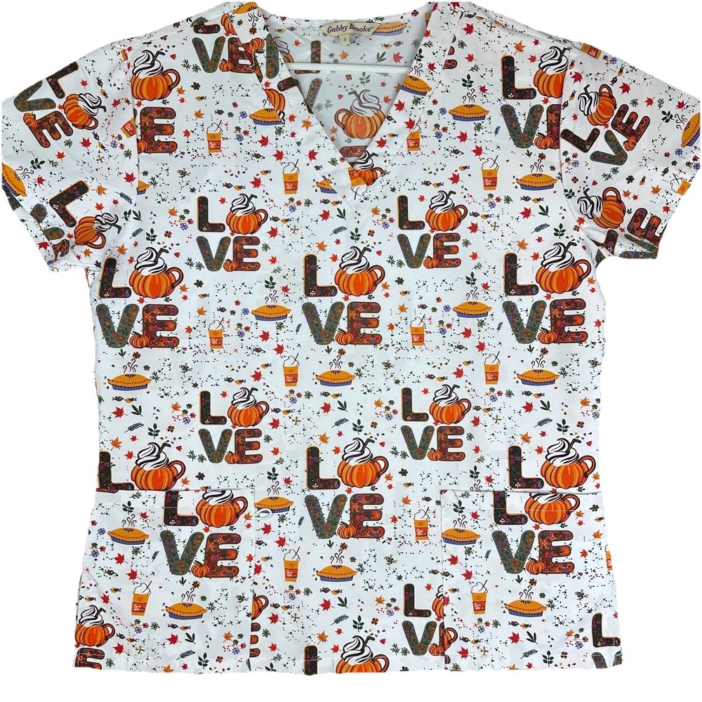 Gabby Brooke Womens Scrub Top Love Pumpkin Spice Thanksgiving Holidays Small